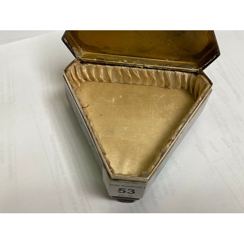 53 - A silver casket of triform with canted corners, engine-turned hinged cover enclosing gold satin inte... 