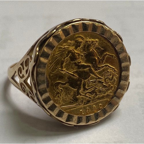 140 - A 9ct gold ring set with a 1982 half-sovereign, together with a 9ct gold signet ring set with small ... 