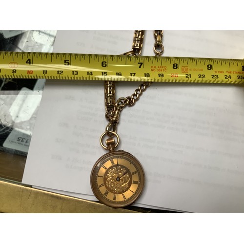 72 - A small 9ct gold cased fob watch, the gilt floral dial with Roman numerals denoting hours and keyles... 