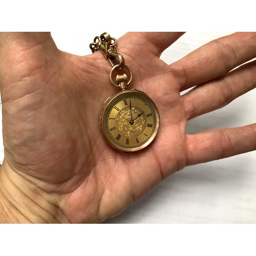 72 - A small 9ct gold cased fob watch, the gilt floral dial with Roman numerals denoting hours and keyles... 