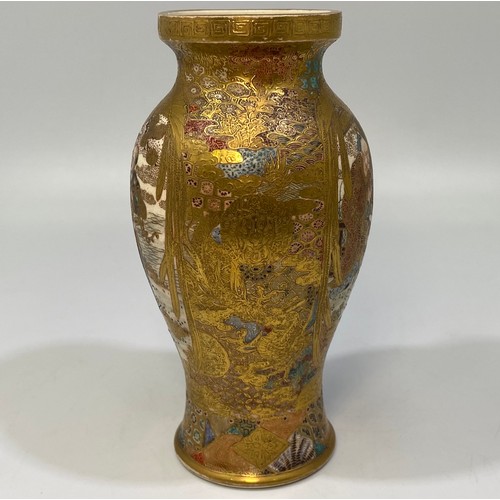 46 - A Japanese Satsuma pottery small baluster vase, with painted and heavily tooled-gilt decoration of w... 