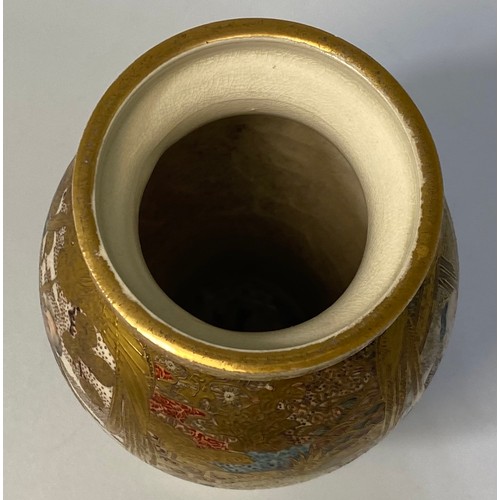 46 - A Japanese Satsuma pottery small baluster vase, with painted and heavily tooled-gilt decoration of w... 