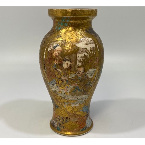 46 - A Japanese Satsuma pottery small baluster vase, with painted and heavily tooled-gilt decoration of w... 