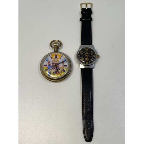 253 - A vintage stainless steel wristwatch of Masonic interest, the black enamel dial decorated with gilt ... 