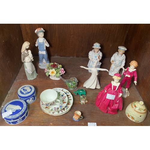 6 - Various ceramics including Clarice Cliff floral hive honeypot, Worcester figures 'The Parakeet' and ... 