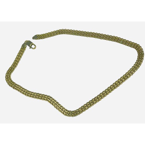 315 - A 9ct yellow gold necklace, in a three row flat link design, weighing 10.8 grams, with lobster catch... 