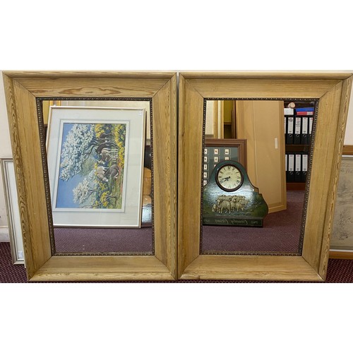 612 - A pair of Victorian stripped pine rectangular mirrors with egg and dart moulded slip, 68 x 94cm