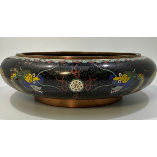 51 - A Chinese Cloisonné bowl of shallow compressed circular form, decorated with a five-claw dragon and ... 