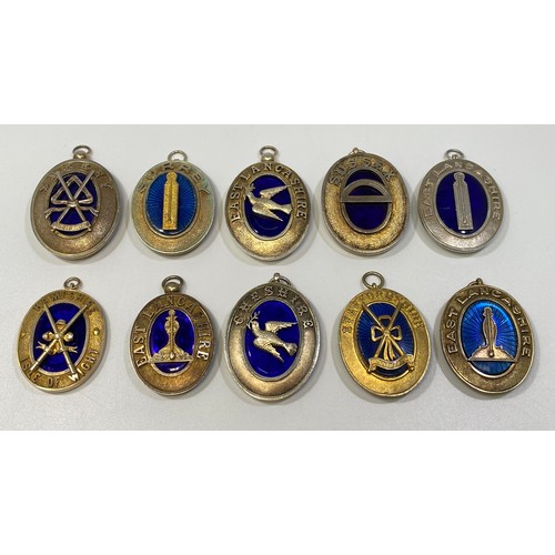 212 - Ten various silver gilt Masonic collar jewels with blue enamelling including Surrey x 2, Staffordshi... 