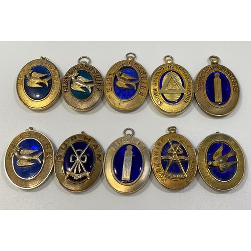 208 - Ten various silver gilt Masonic collar jewels with blue enamelling including Cheshire, Nigeria, East... 