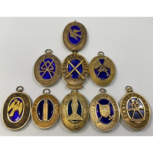 207 - Nine various silver gilt Masonic collar jewels with blue enamelling including East Lancashire x 2, S... 