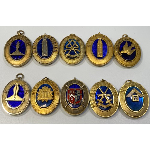 211 - Ten various silver gilt hallmarked Masonic collar jewels with blue enamelling including London and S... 