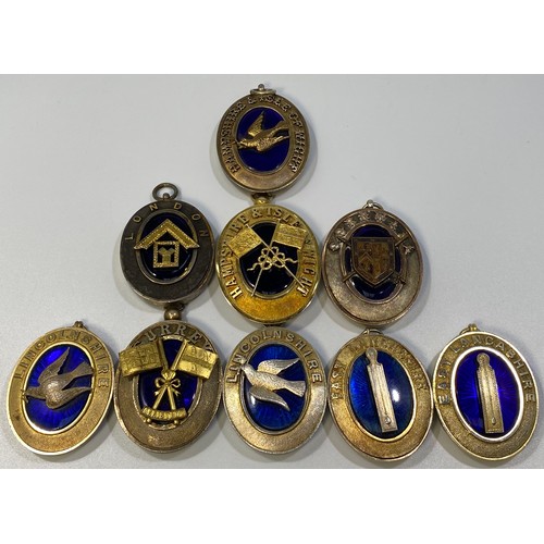 210 - Nine various silver gilt Masonic collar jewels with blue enamelling including Surrey (inscribed vers... 