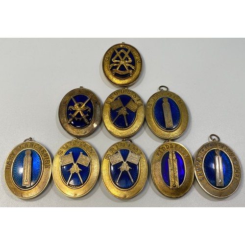 206 - Nine various silver gilt hallmarked Masonic collar jewels with blue enamelling including Essex (engr... 