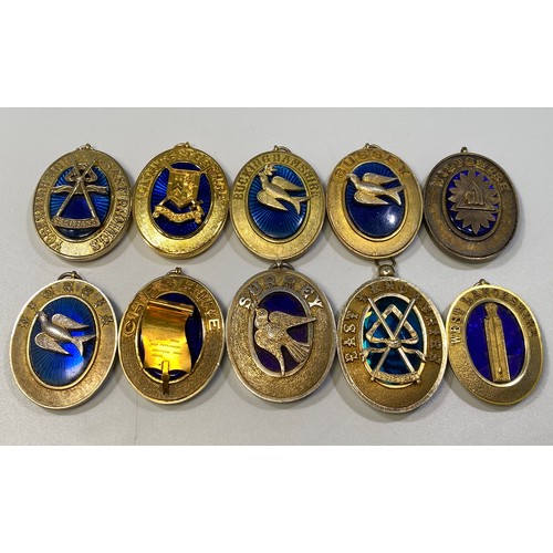 205 - Ten various silver gilt hallmarked Masonic collar jewels with blue enamelling including Surrey, Buck... 