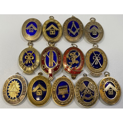 215 - Thirteen various silver gilt Masonic jewels with blue enamelling including Grand Lodge of Mark Maste... 