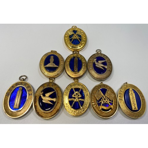 204 - Nine various silver gilt hallmarked Masonic collar jewels with blue enamelling including East Lancas... 