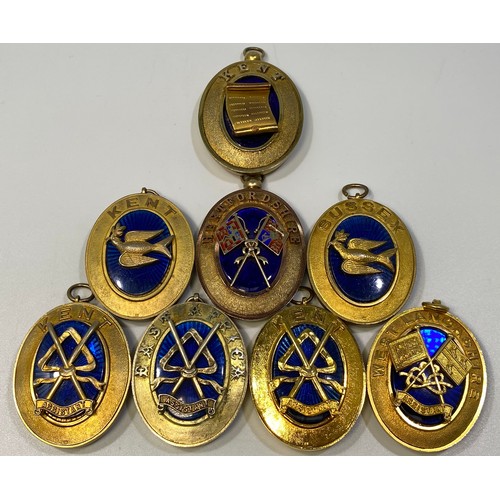 203 - Eight various silver gilt hallmarked Masonic collar jewels with blue enamelling including Hertfordsh... 