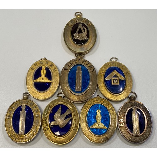 202 - Eight various silver gilt hallmarked Masonic collar jewels with blue enamelling including Kent, Lanc... 