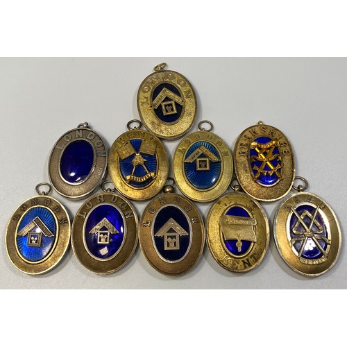 214 - Ten various silver gilt Masonic collar jewels with blue enamelling including London (inscribed verso... 