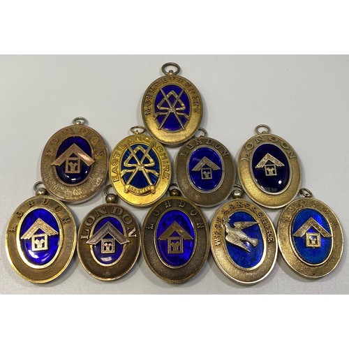 213 - Ten various silver gilt Masonic collar jewels including London x 4 (inscribed verso dated 1927, 1934... 