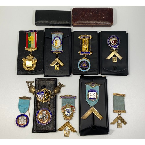 219 - Nine various Masonic silver and gilt enamelled jewels including President South Western branch for t... 