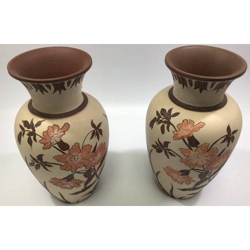 91 - A pair of Calvert & Lovatt period Langley Ware pottery vases, c1883-1890, 'sgraffito blossom,' proba... 