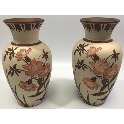 91 - A pair of Calvert & Lovatt period Langley Ware pottery vases, c1883-1890, 'sgraffito blossom,' proba... 