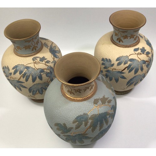 90 - A matched garniture of three Calvert & Lovatt period Langley Ware art pottery vases, c1883-1890, pos... 