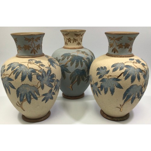 90 - A matched garniture of three Calvert & Lovatt period Langley Ware art pottery vases, c1883-1890, pos... 