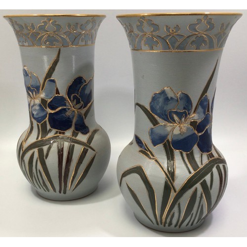 86 - A pair of Lovatt Langley Mill art pottery vases, c1914, carved, gilded and painted with Blue Iris to... 