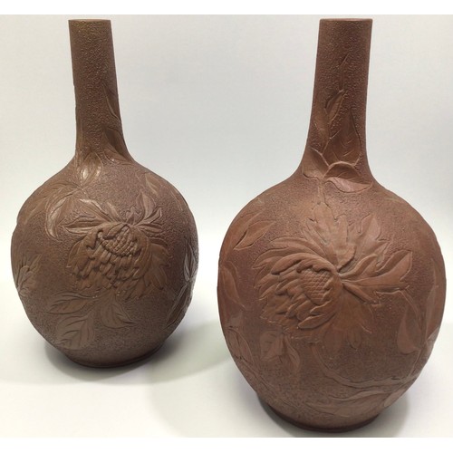 87 - A pair of early Langley Ware art pottery terracotta vases, early 1880s, each of globular form with s... 