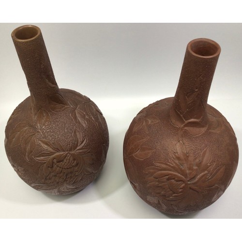 87 - A pair of early Langley Ware art pottery terracotta vases, early 1880s, each of globular form with s... 