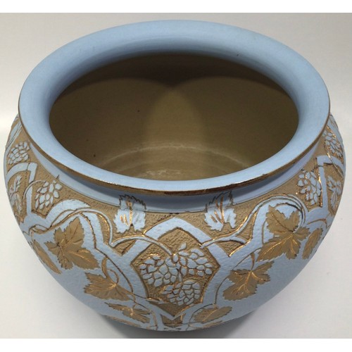 60 - A Langley Ware Pottery Jardiniere, carved, incised, gilded and painted in Sandy Hops/Trellis pattern... 