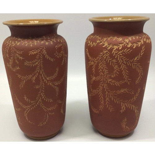 76 - A pair of Langley Ware art pottery vases by Mary Helen Goodyer, of slightly tapering cylindrical for... 