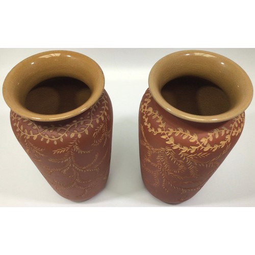 76 - A pair of Langley Ware art pottery vases by Mary Helen Goodyer, of slightly tapering cylindrical for... 