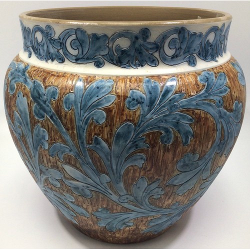 71 - A Langley Ware pottery jardiniere, c1883-1890, sgraffito acanthus design painted in blue to brown gr... 