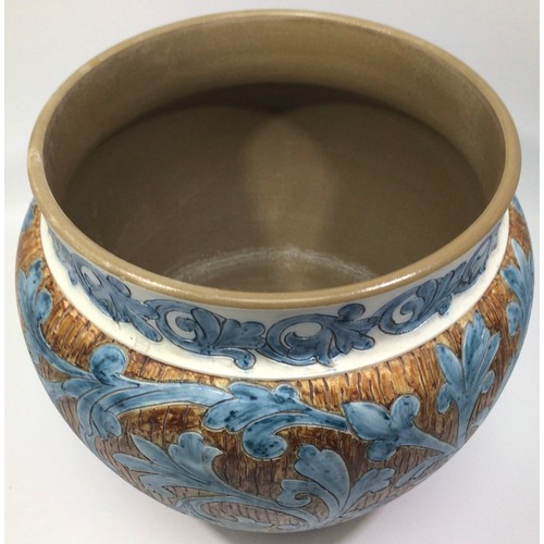 71 - A Langley Ware pottery jardiniere, c1883-1890, sgraffito acanthus design painted in blue to brown gr... 