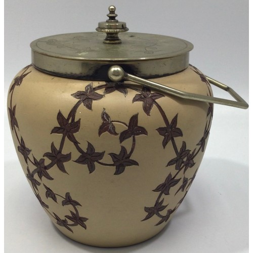 79 - A Langley Ware pottery biscuit barrel by Mary Helen Goodyer, of globular form, incised and carved wi... 