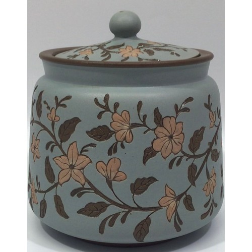 77 - A Langley Ware art pottery tobacco jar and cover, by Mary Helen Goodyer, c1890, of cylindrical form,... 