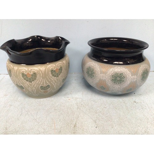 70 - Two Lovatt Langley Mill pottery jardinieres, both dated 1908, 'Osborne' pattern to 'olive' ground wi... 