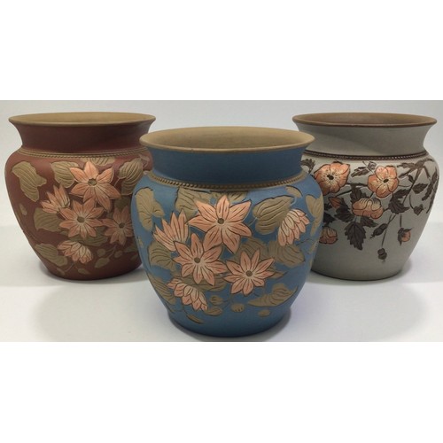 94 - Three Calvert & Lovatt period Langley Ware art pottery small jardinières, c1883-1890 and possibly by... 