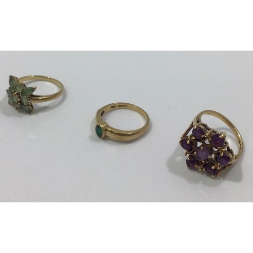 294 - Three assorted 9ct gold rings set with semi-precious stones, one set with 9 Alexandrites, gross weig... 