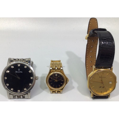 255 - Three assorted Bulova wristwatches, comprising a gents stainless steel examples, with black dial and... 