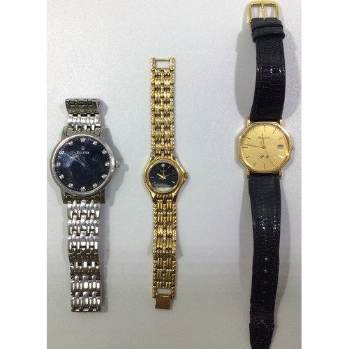 255 - Three assorted Bulova wristwatches, comprising a gents stainless steel examples, with black dial and... 