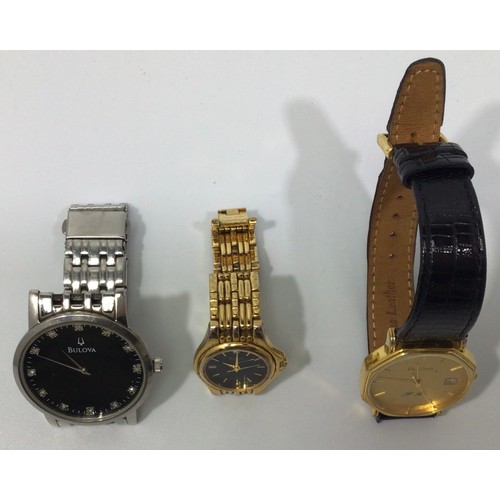 255 - Three assorted Bulova wristwatches, comprising a gents stainless steel examples, with black dial and... 