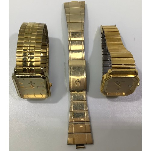 254 - Two gold-plated gents wristwatches by Bulova, one with silvered rectangular dial, gold batons denoti... 