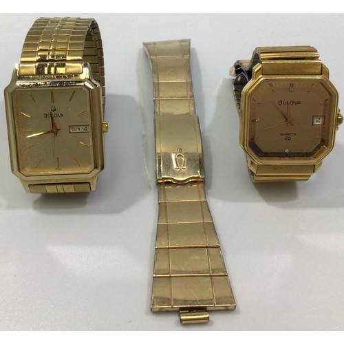 254 - Two gold-plated gents wristwatches by Bulova, one with silvered rectangular dial, gold batons denoti... 