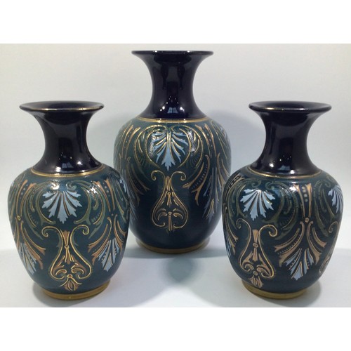 96 - A garniture of three Lovatt & Lovatt period Langley Ware Art Pottery vases, of ovoid form with flare... 