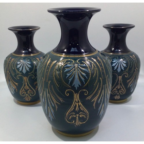 96 - A garniture of three Lovatt & Lovatt period Langley Ware Art Pottery vases, of ovoid form with flare... 